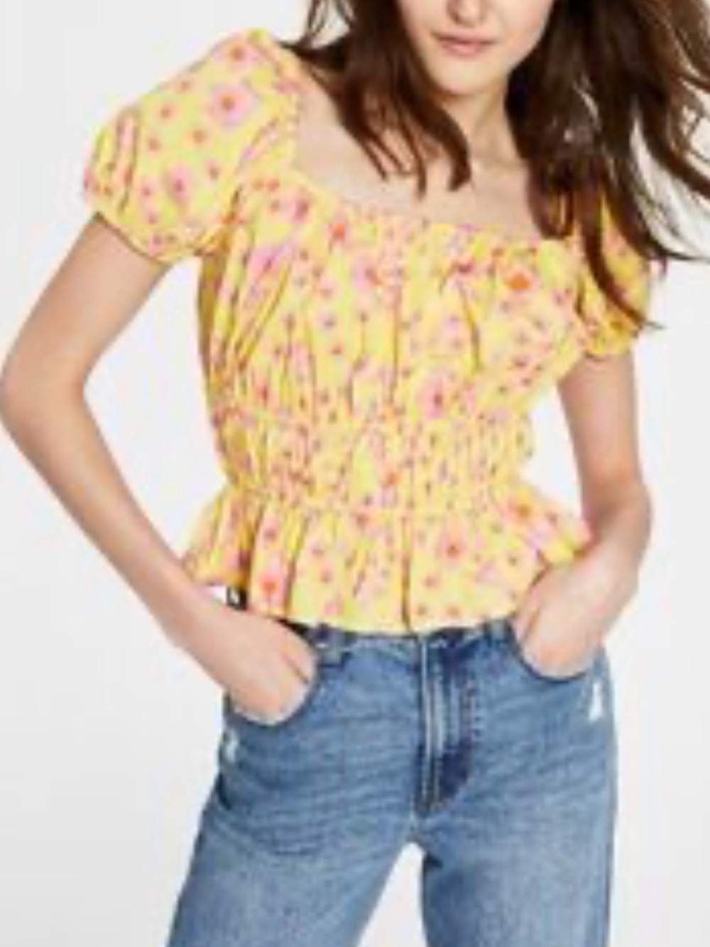 Leyden , Yellow Floral Puff Sleeve Peplum Top
